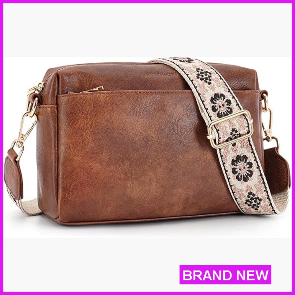 Triple Zip Crossbody Bag Vegan Leather Adjustable Strap Lightweight Chic